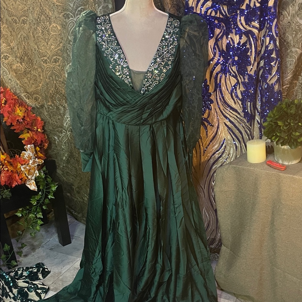 Emerald Long Sleeve Gown with Embellished Neckline
